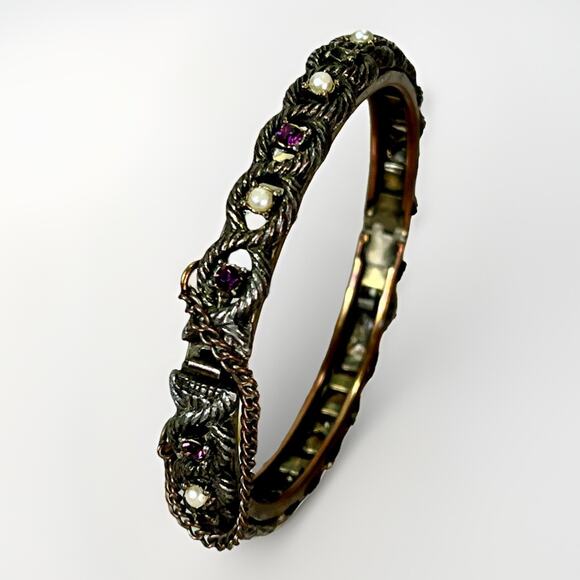 VTG Victorian Revival Hinged Bangle Amethyst Seed Pearls Safety Chain - Picture 5 of 16